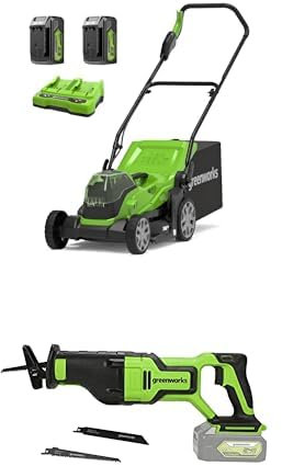 Greenworks G24X2LM36K4X Cordless Lawnmower for Lawns up to 420m², 36cm Cutting Width, 40L Bag, 2x24V 4Ah Batteries & Twin Charger, 3 Year Guarantee + Greenworks 24V Battery Reciprocating Saw GD24RS