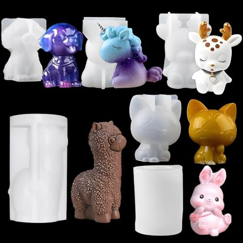 Molde Silicon Animales 6 Pcs,Moldes Silicona Manualidades Animales,Moldes Resina Epoxi Navidad,Moldes Animales Resina 3D Perro/Ciervo/Gato/Conejo Juguete,Moldes Silicona Animales para Hecho Mano,DIY