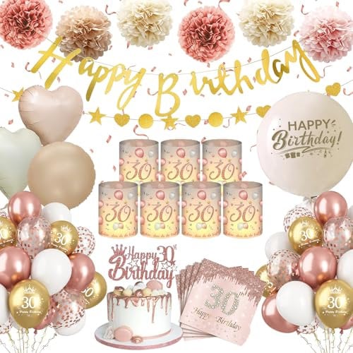 Deko 30 Geburtstag Mädchen,WINAROI 30. Geburtstag Deko Rose Gold mit Windlicht Tischdeko, Happy Birthday Banner, Servietten, Pompons