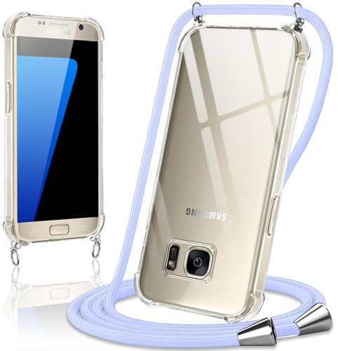 Coiwxmoi Handyband Handyhülle für Samsung Galaxy S7 Hülle mit Band 5,1,Transparent Case mit Kette Abnehmbar zum Umhängen Kordel Schutzhülle,Weich Silikon TPU Stoßfest Cover für Samsung S7,Lila