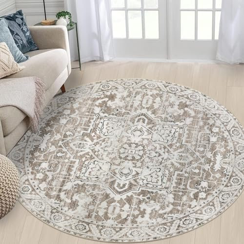 Famibay Teppich Wohnzimmer Rund 160cm Waschbarer Teppich Schlafzimmer Kurzflor Beige Braun Runder Wohnzimmerteppich Weich Vintage rutschfest für Wohnzimmer Schlafzimmer Esszimmer