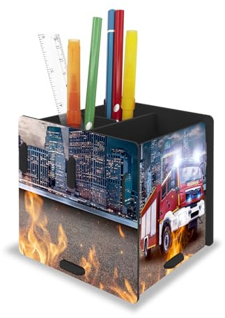 itenga Stifteköcher mit Motiv zum Zusammenstecken - 3 Fächer - Stiftehalter Kinder Schüler Schreibtisch Organizer Stiftebox - 10x 10 x 9,5cm (Motiv Feuerwehr)