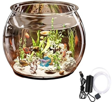 Bocal Poisson, Rond Aquarium, Fish Aquarium Cylindre Transparent, 6L Bol À Poissons Transparent, Bocal À Poissons pour Table À Table Ou Affichage De Bureau(avec Pompe à oxygène)
