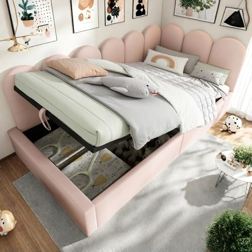 Wyibwy Divano letto imbottito 90x190cm, letto singolo contenitore idraulico, letto per bambini, con rete a doghe metalliche, velluto, rosa, senza materasso