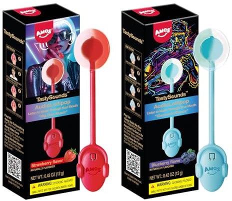 AMOS Music Lollies – Audio Singing Lollipop Candy, Sugar Free, Blueberry & Strawberry Flavours, 2-Pack, Novelty Gift for Him or Her