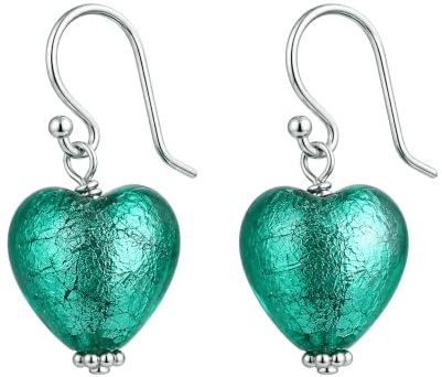 Pendientes de plata de ley con forma de corazón y hoja de plata de cristal de Murano azul y verde
