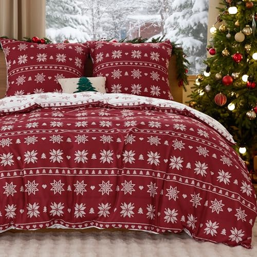 BEDSURE Bettwäsche 220x240 3teilig Weihnachts - Bettwäsche-Sets Schneeflocke Bettbezug 220x240 mit 2 Kissenbezüge 80x80 cm, Festliche Bedding Muster Rot mit Reißverschluss