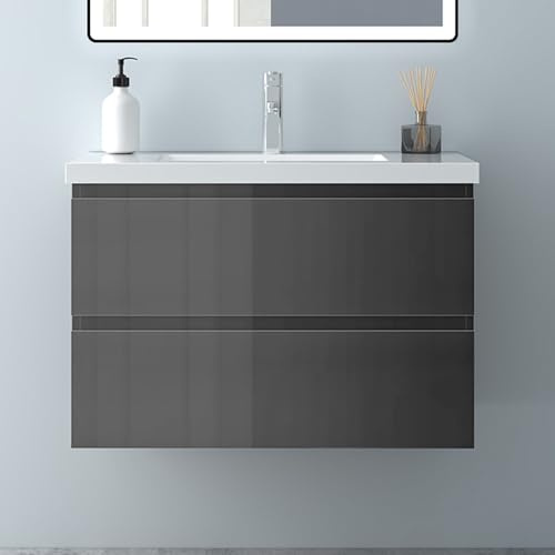 Biubiubath Badezimmermöbel 80cm Mineralguss Waschtisch mit Unterschrank Badmöbel Set Badezimmerschränke mit 2 Soft-Close Schubladen Hochglanz Dunkelgrau