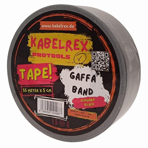 KABELREX Klebeband Gaffer Tape Schwarz 50m + 5m Extra! = 55m x 5cm - Extra Stark & Rückstandsfrei – 10% mehr Länge als Standard – Mattes, wasserfestes Cloth Tape wie Panzerband für Bühne Haushalt DIY