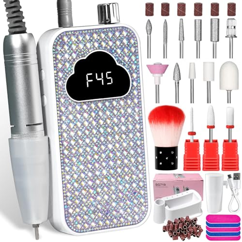 LIMEGIRL Kit profesional de brocas eléctricas para limas de uñas de 45000 RPM para máquina de uñas acrílicas con 14 brocas degradadas con purpurina blanca portátil, recargable, inalámbrica