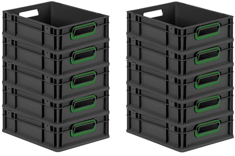 PROREGAL SparSet 10x Eurobox NextGen Color | HxBxT 12x30x40cm | 11 Liter | Griffe grün offen | Schwarz | Eurobehälter, Transportbox, Transportbehälter, Stapelbehälter