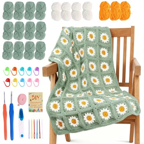 Weskjer Crochet Daisy Granny Square Blanket Kit for Beginners Adults | Starter Kit, Step-by-Step Instructions Book, Yarn Included, Accessories Included