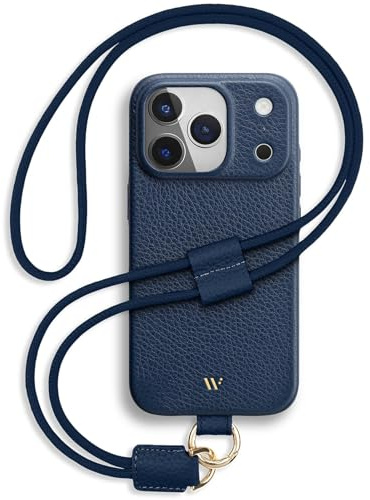 WIIUKA Hülle für iPhone 17 Pro, Leder aus Deutschland, Lederhülle Handykette, Premium Handyhülle, Case, Kette Band Umhängen, skiin Loop, Nachtblau Blau