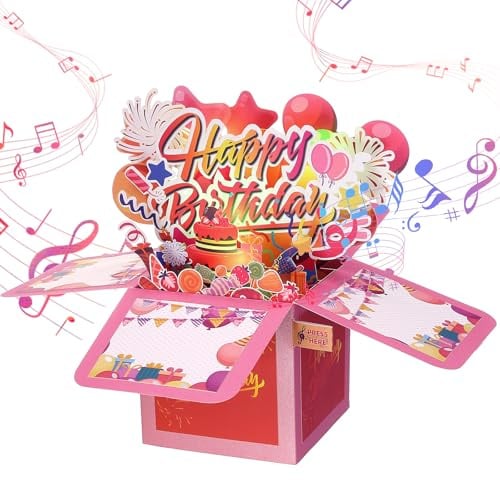 LIHAO Geburtstagskarte Frau mit Musik Licht Geburtstagskarten Geburtstag Pop Up Karte Mann Geschenk Happy Birthday Rosa