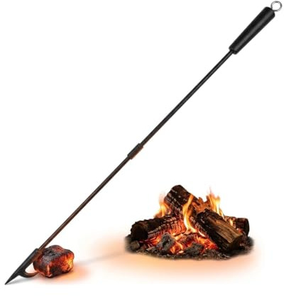Relaxdays Schürhaken, 91,5 cm Länge, Feuerhaken mit Holzgriff, Öse zum Aufhängen, Ofen & Feuerschale, Eisen, schwarz