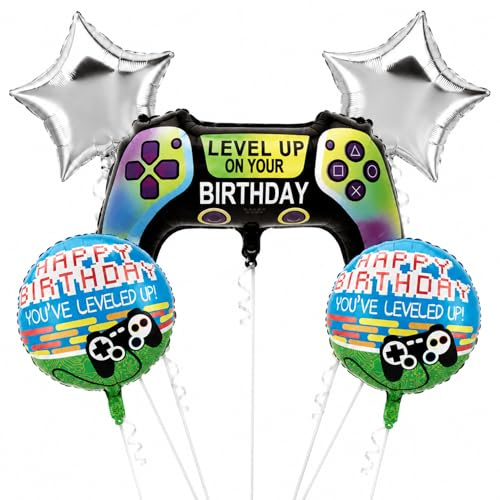 Video Game Birthday Balloons Set - 5Pcs Gamer Party Decorations, Giant Game Controller Foil Balloon, Level Up Theme Birthday Party Supplies for Kids Boys Teens Gaming Party Decor