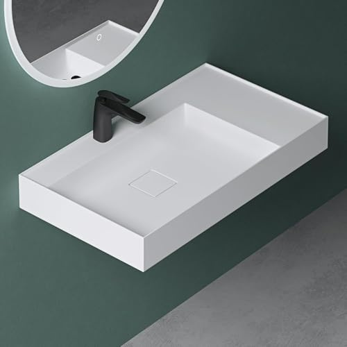 Mai & Mai Bathroom Sink Stone Resin, Wash Basin with Waste Cover & Waste | One-Piece Wall Hung Basin, Bathroom Countertop Washbasin, Concealed waste, Free Flow Drain, Matte White, 80x46x12 cm, Col630