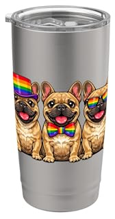 Frenchie-Reihe Pride Month Hunde Regenbogen-Fahne LGBTQ+ Doppelwandiger Edelstahl-Thermobecher