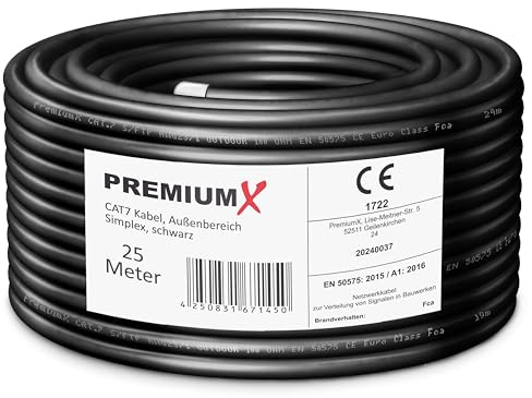 Premium X CAT 7 Outdoor Netzwerkkabel 25m - 10 Gbit/s Erdkabel Datenkabel Ethernetkabel LAN Kabel für Außen S/FTP AWG23/1 Verlegekabel - reines Kupfer - schwarz
