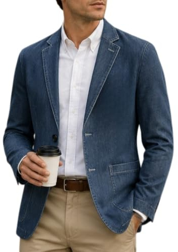 KUUFUUT Giacca Blazer in Denim da Uomo Cappotto in Jeans Sfoderato Giacca Sportiva Casual Leggera Taglie Forti Giacca da Completo Casual A Due Bottoni per Lavoro Viaggi E Uso Quotidiano.