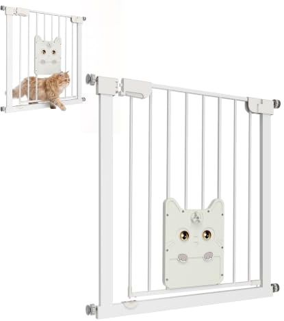 XMTECH Türschutzgitter mit Katzenklappe, ohne Bohren Weiß 75-85cm | Selbstschließend mit 90° Stopp, 180° schwenkbar, Doppelsicherheitsverschluss, verriegelbare Katzenklappe, dickes Metall