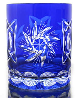 CRISTALICA Whiskyglas Whiskybecher blau handgeschliffen Kristallglas Schleuderstern 280ml