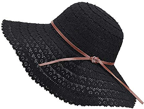 Drawihi Damen Sonnenhut Spitze Strohhut Sommerhut Anti-UV Sonnenschutz Mädchen Faltbare Groß Krempe Lässige Hut für Outdoor-Aktivitäten (Schwarz) 58-60 cm