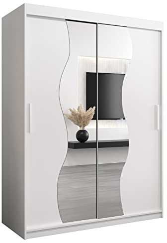 MEBLE KRYSPOL Schwebetürenschrank Madryt 150 cm mit Spiegel Kleiderschrank mit Kleiderstange und Einlegeboden Schlafzimmer- Wohnzimmerschrank Schiebetüren Modern Design (Weiß)