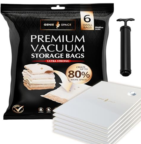 GENIE SPACE - Unglaublich starke Premium platzsparende Vakuumbeutellagerung | 6 x KLEIN (60x40cm) | Luftdicht & wiederverwendbar | Erstellen Sie 80% mehr Platz | Für Kleidung, Handtücher usw.