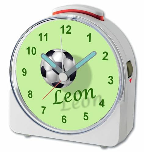 CreaDesign, WU-71-1020, Fußball 2, analog Kinderwecker weiß, Funkwecker mit Sweep-Uhrwerk und fluoreszierenden Zeiger und Licht, personlisiert mit Namen, 10,2 x 4,6 x 11 cm