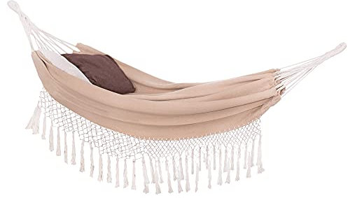 SPRINGOS Doppel-Hängematte mit Fransen inkl. 2 Kissen Bohemian-Stil Ausmaß: 200 x 150 cm Garten-Hängematte klassisches Design (Beige)
