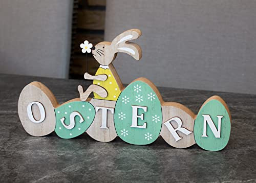 B2S BACK2SEASON Holz Aufsteller Ostern grün gelb mit Hase und Schriftzug stehend Raumdeko Dekoration B=28 cm