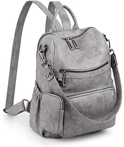 UTO Damen Rucksack Leder Vegan Rucksackhandtaschen Schule Schulrucksack Multifunktionsrucksack mit abnehmbarem Beutels Große Kapazität Schultertaschen Reißverschluss Umhängetasche Hellgrau