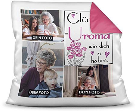 Kissen inkl. Kissenfüllung mit Fotocollage zum selbst Gestalten mit DREI Fotos und Spruch - Glück ist, eine Uroma wie Dich zu haben - Farbkissen Rückseite Pink, 40 x 40 cm