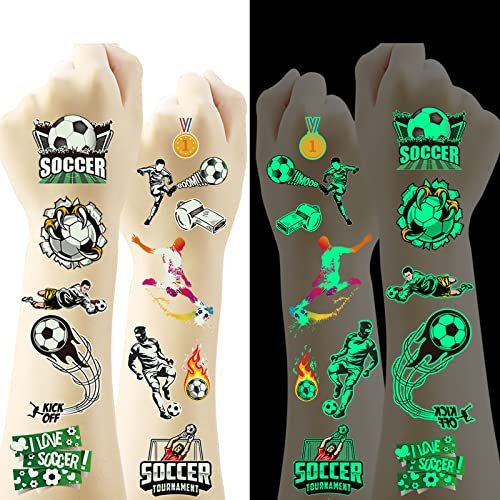 Tattoo Kinder, Fußball Tattoos Leuchten im Dunkeln Set 10 Blätter,Fußball Temporäre Tattoos Kinder,Wasserdichte Kindertattoos für Junge Kindergeburtstag Mitgebsel Fußball Party