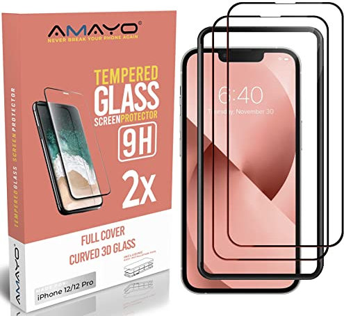 AMAYO Handy Schutzfolie - 2x Stück 9H Full Screen Panzerglas - Kompatibel mit iPhone 12/12 Pro (6,1) - Unzerbrechlich Kratzfest Blasenfrei Panzerfolie Schutzglas Displayschutzfolie + Montage Rahmen