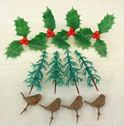 Christmas Cake Toppers mixed set 4 Tree's 4 Holly Leaf 4 Robins Decoration sets