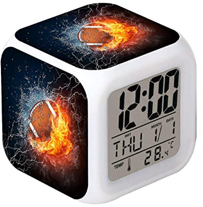 HUA5D Reveil Numerique Enfant Veilleuse Rugby Football Feu Cadeau Ado Garcon Fille,Reveil Digital Wake Up Light avec 7 Couleurs Changer La Date Affichage De La Température Veilleuse A418