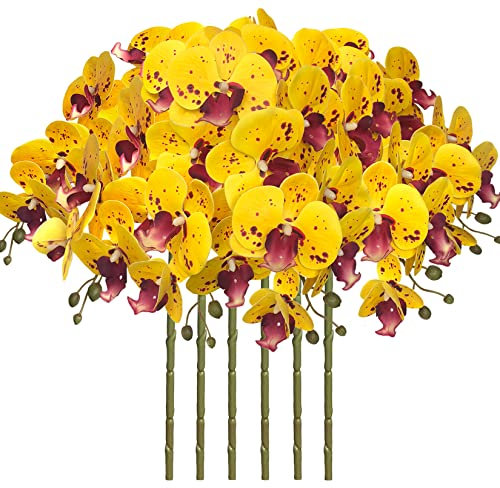 FagusHome 6 Pz Fiori Orchidea Phalaenopsis Fiori Artificiali Artificiali Phalaenopsis Fiori 80cm Orchidea Artificiali Pianta Finta per Decorazione (Giallo Piebald)