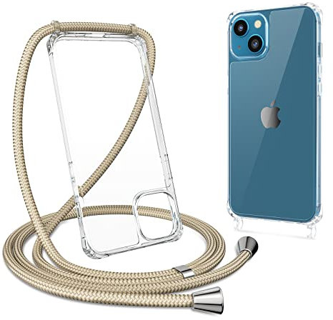 ZTOFERA Crossbody Lanyard Case for iPhone 13 (6.1), Ultra Clear Hard Back + Soft Bumper Protective Phone Case with Strap Adjustable Neck Cord Shockproof Cover, Khaki