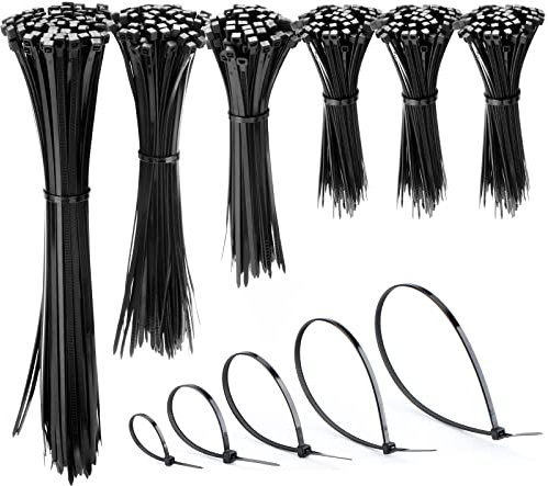 600 Stück Kabelbinder Schwarz Set, UV-Beständig kleine Industrieller Nylon Cable Ties 100 x 2,5mm (300 Stück) und 150/200/250mm x 3,6mm (je 100 Stück), Zip Ties fur Kabelmanagement Zugfestigkeit 18kg