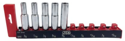 JCK 1/2 Inch Drive Socket Organiser Rail, SAE 3/8-15/16, 10 Clips | SAE 1/2 inch Socket Rail Holds 10 Sockets with Rotating Clips for Quick Access and Organised Storage.