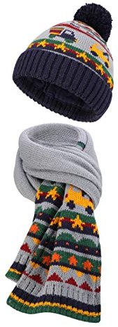 TAGVO Kids Bobble Hut Schal Set, Stricken Hut Dinosaurier Wintermütze, Beanie Mütze mit Baumwolle Pompon Slouchy Warme für Jungen Mädchen(4-8 Jahre)
