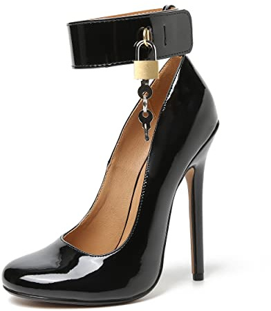 Femme Escarpins 14cm Talon Aiguille Sandales Sexy Patent Cuir High Heels avec Serrure Bout Ronde Talons Hauts Pump Banquet Fête Pompes,Noir,47 EU