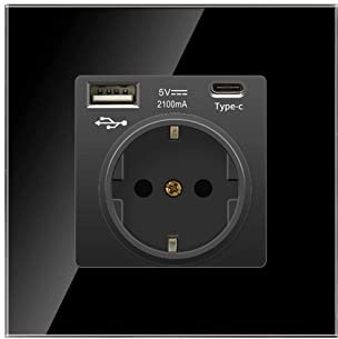 Steckdose mit USB,16A Glas Steckdosen Mit Schnelles Laden USB, 1 -Fach,Unterputz Schutzkontakt Wandsteckdose Steckdose Ladegerät für Handys (Einzelsteckdose A+C -Schwarz)