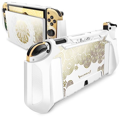 Mumba Coque pour Nintendo Switch OLED 2021 [Série Blade] Case Dockable Protection Ergonomique Poignée TPU Étui NS OLED Compatible avec Nintendo Switch OLED et Manettes Joy-Con (Blanc/Or)