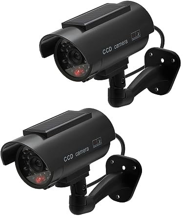 Twilight Garage 2 Packs Black Dummy Camera Waterproof Bullet Simulated CCTV Fake Security Camera with Flashing Red LED Light & Warning Security Alert Sticker, Indoor Outdoor Use