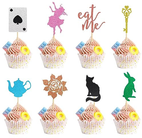 Arthsdite 24 Pcs Alice In Wonderland Cupcake Toppers Glitter Teapot Key Poker Rabbit Cat Flower Fairy Eat Me Cupcake Picks Tea Party Cake Decorations for Baby shower
