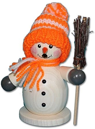 Holzwaren Egermann Rauchmann/Räucherfigur aus Holz - Schneemann mit Besen - Accessoires in Orange - Höhe: ca. 15 cm - Made in Germany
