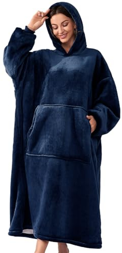 Extra Lang Kapuzenpullover Damen Oversize Hoodie Decke Sweatshirt Blau | Sherpa Tragbare Decke, Weich Warme TV Decke, Kapuzen Pullover, mit Ärmel und Tasche, Geschenke für Frauen Teenager